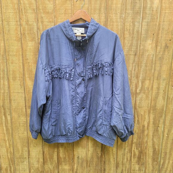 Silk Exchange Vtg Blue Fringed Full Zip 100% Silk Bomber Style Jacket Women 22W - Picture 1 of 11